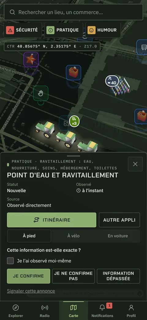 La fiche d'une annonce : statut, heure, source et boutons de confirmation