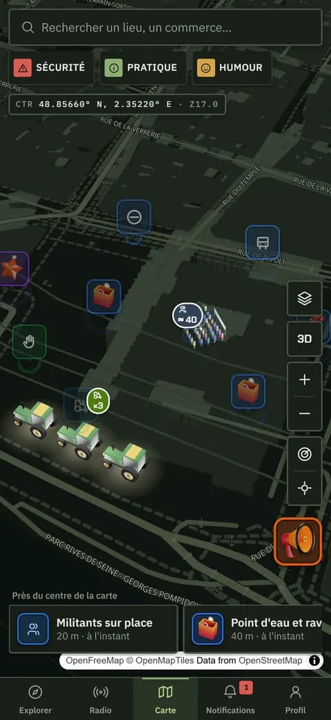La carte 3D avec des alertes locales et leurs repères