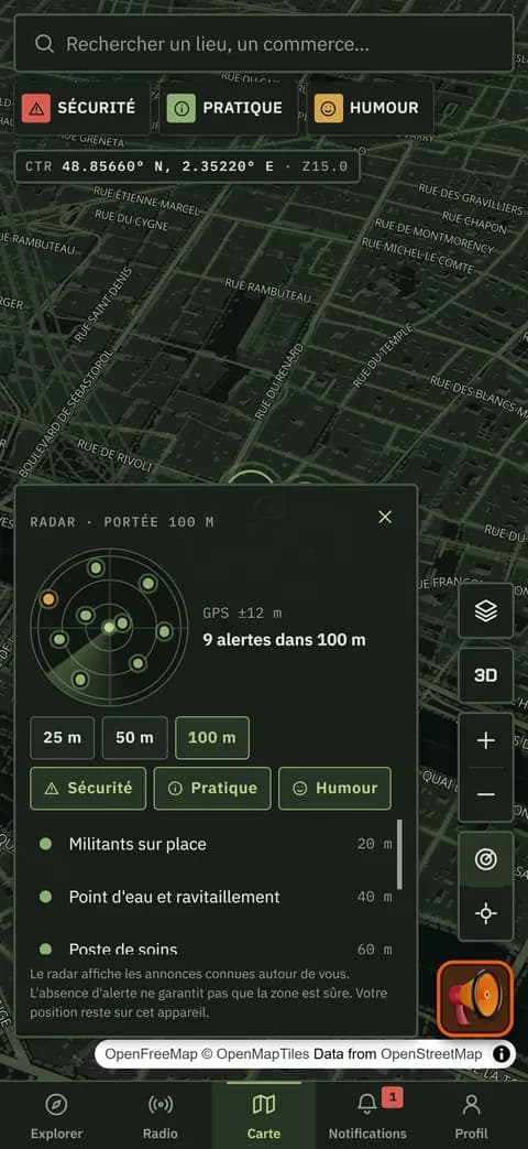 Le radar : cercles de portée, balayage et liste des alertes proches